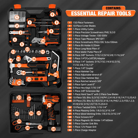 255-Piece Home Tool Kit with 12V Cordless Drill and Drawer Case