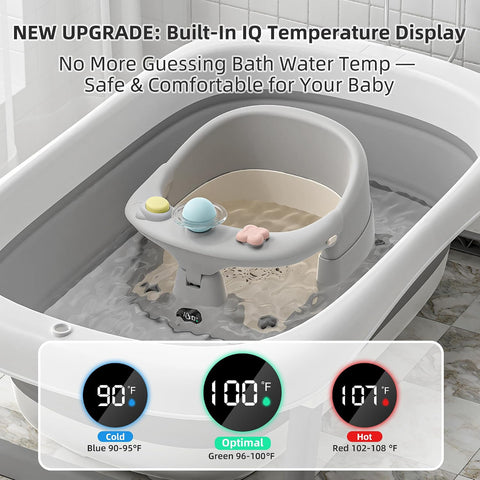 Baby Bath Seat for Babies 6 Months & up with Thermometer, Non-Slip Toddler Bath Seats for Sitting Up, Safe Infant & Newborn Bathtub Chair with 4 Suction Cups, Soft Cushion & Temperature Display, Gray