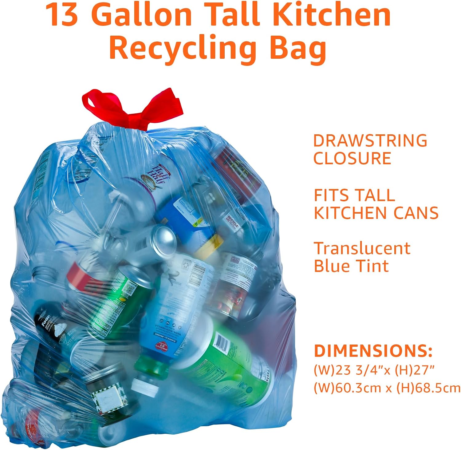 Amazon Basics Blue Recycling Drawstring Trash Bags, Tall Kitchen, Unscented, 13 Gallon, 60 Count (Pack of 6)