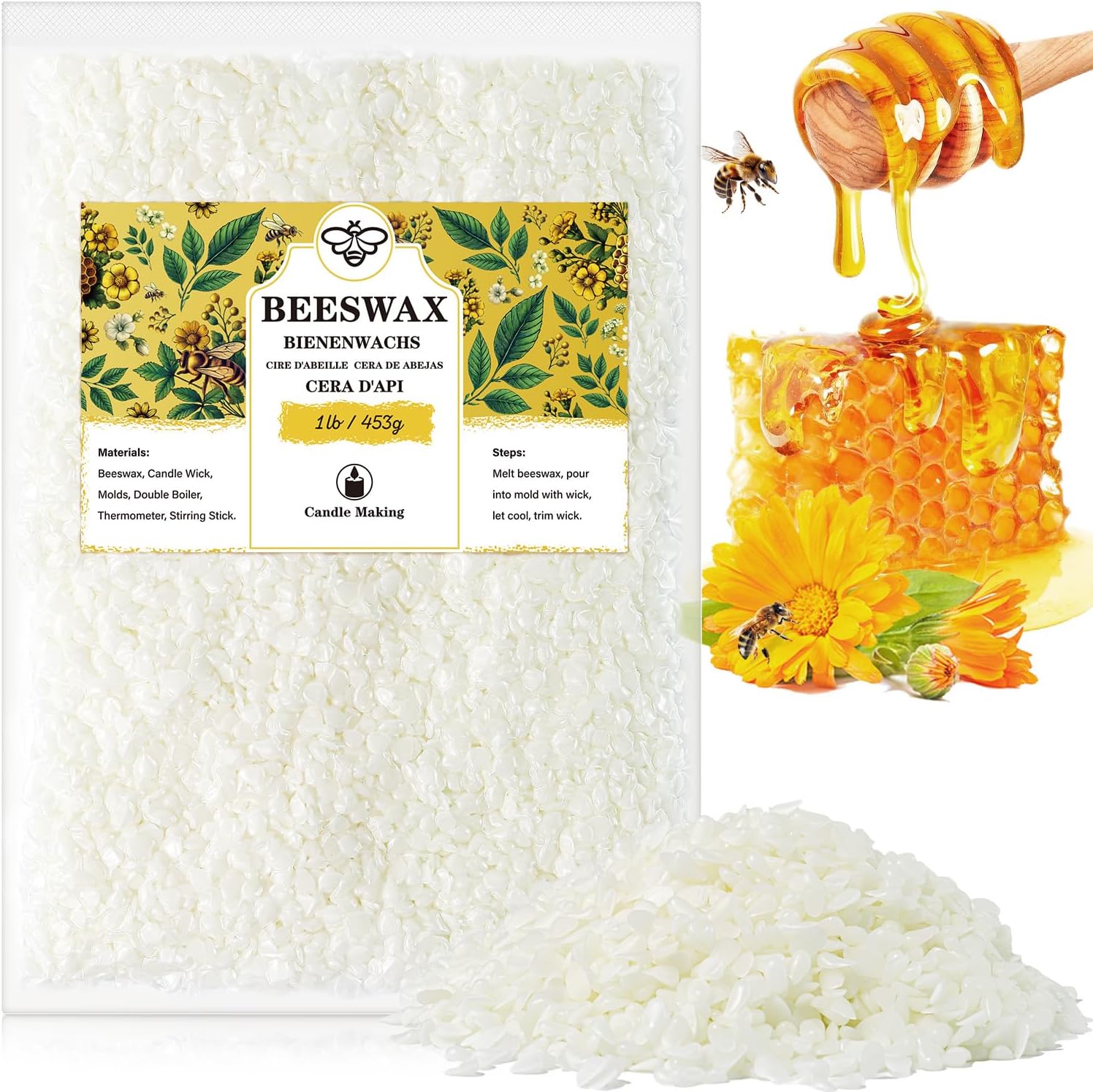 Beeswax pellets 40LB, VEGISHINE Pure Beeswax for Skin, Natural Yellow Beeswax for Candle Making, DIY Skin Care, Lip Balm, Polishing, Lotion, Soap, Candle Making Supplies