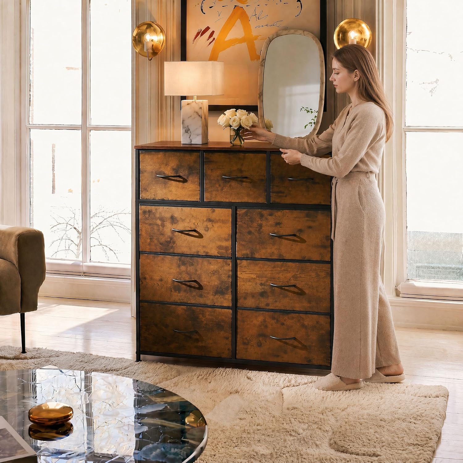 WLIVE Tall Dresser for Bedroom, 9 Drawer Chest of Drawers, Rustic Brown