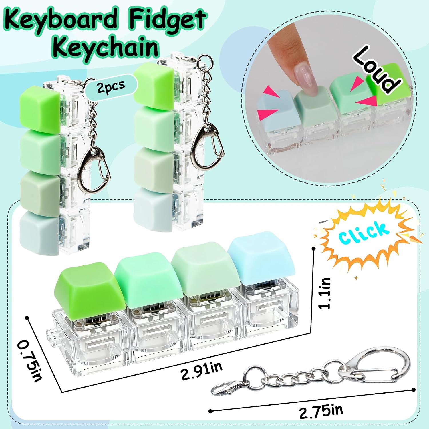 2 PCS Keyboard Fidget Toy, Keyboard Fidget Keychain 4-in-1 Keyboard Decompression Button Finger Clicker Toys, Button Stress Relief Fidget Gifts to Relief Stress (Fours Colors-Green)