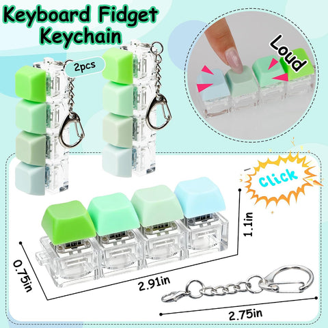 2 PCS Keyboard Fidget Toy, Keyboard Fidget Keychain 4-in-1 Keyboard Decompression Button Finger Clicker Toys, Button Stress Relief Fidget Gifts to Relief Stress (Fours Colors-Green)