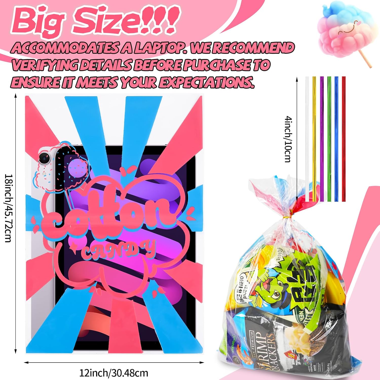 50 Pcs Cotton Candy Bags with Ties, 12" x 18" Clear Printed Bags