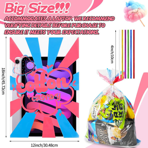 50 Pcs Cotton Candy Bags with Ties, 12" x 18" Clear Printed Bags