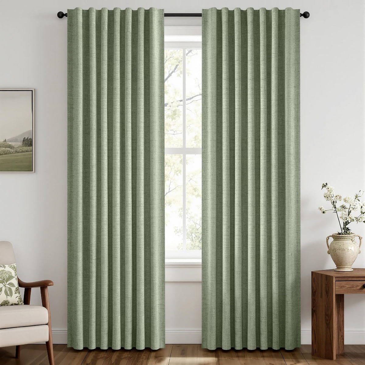MIULEE 100% Blackout Linen Curtains 42 x 90 Inch Sage Green 2 Panels