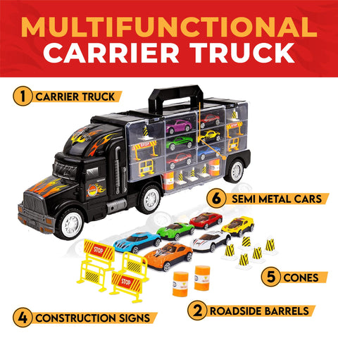 WolVolk Transport Car Carrier Truck Toy for Boys and Girls (includes 6 cars and 28 slots)