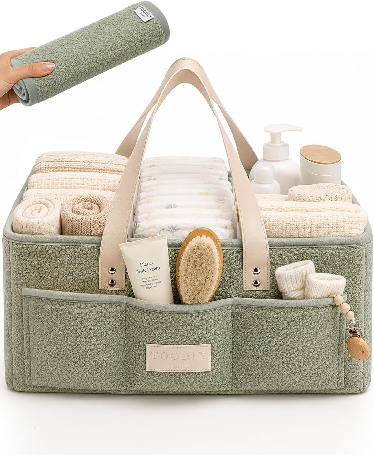 Baby Diaper Caddy Organizer with Portable Changing Mat - Teddy Fleece Diaper Organizer for Changing Table - Basket for Changing Essentials - Baby Essentials Organizer with Removable Dividers
