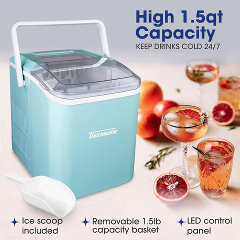 Thermostar Automatic Self-Cleaning Portable Electric Countertop Ice Maker Machine with Handle, 26 Pounds in 24 Hours with Ice Scoop and Basket, Perfect for Water Bottles, Mixed Drinks, Parties, Aqua