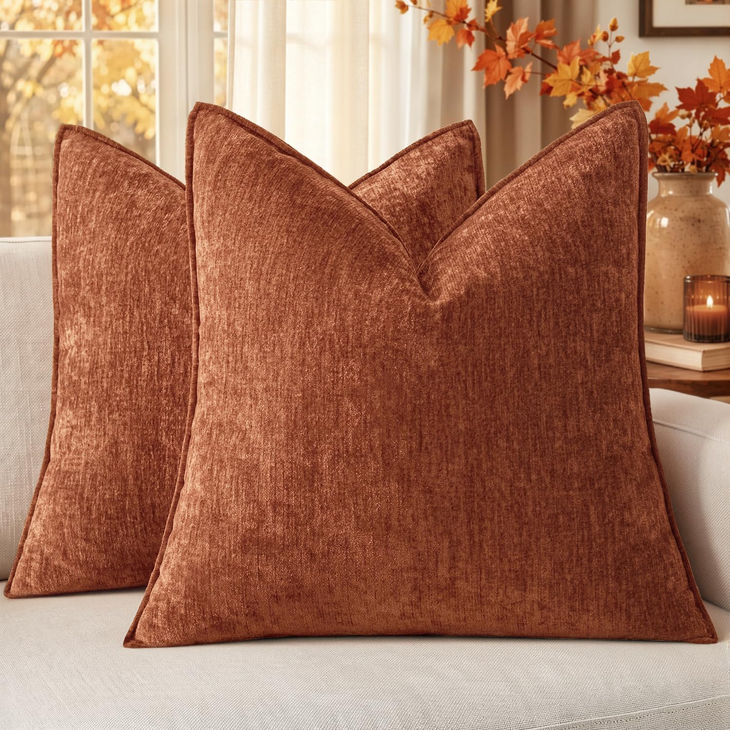 MIULEE Chenille Couch Pillow Covers Fall for Living Room 18x18 Rust