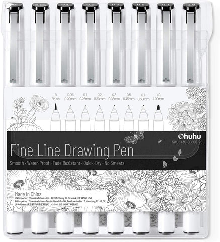 Ohuhu Fineliner Micro Drawing Pens: 8-size Tips (Ultra-fine, Fine & Brush)