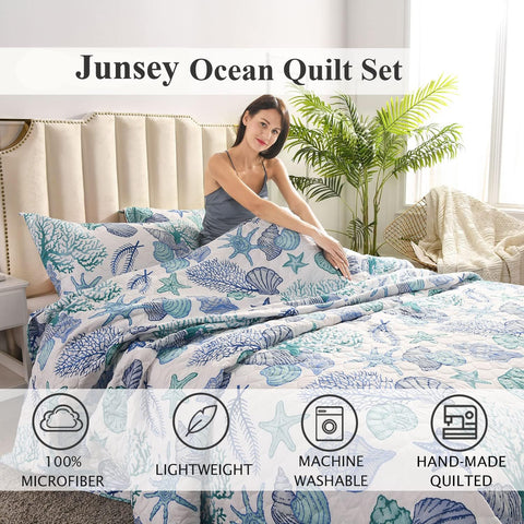 3 Piece Quilts Full/Queen Size Ocean Theme,Lightweight Coastal Beach Bedding Seashell Conch Starfish Bedspread Coverlet with 2 Pillowshams