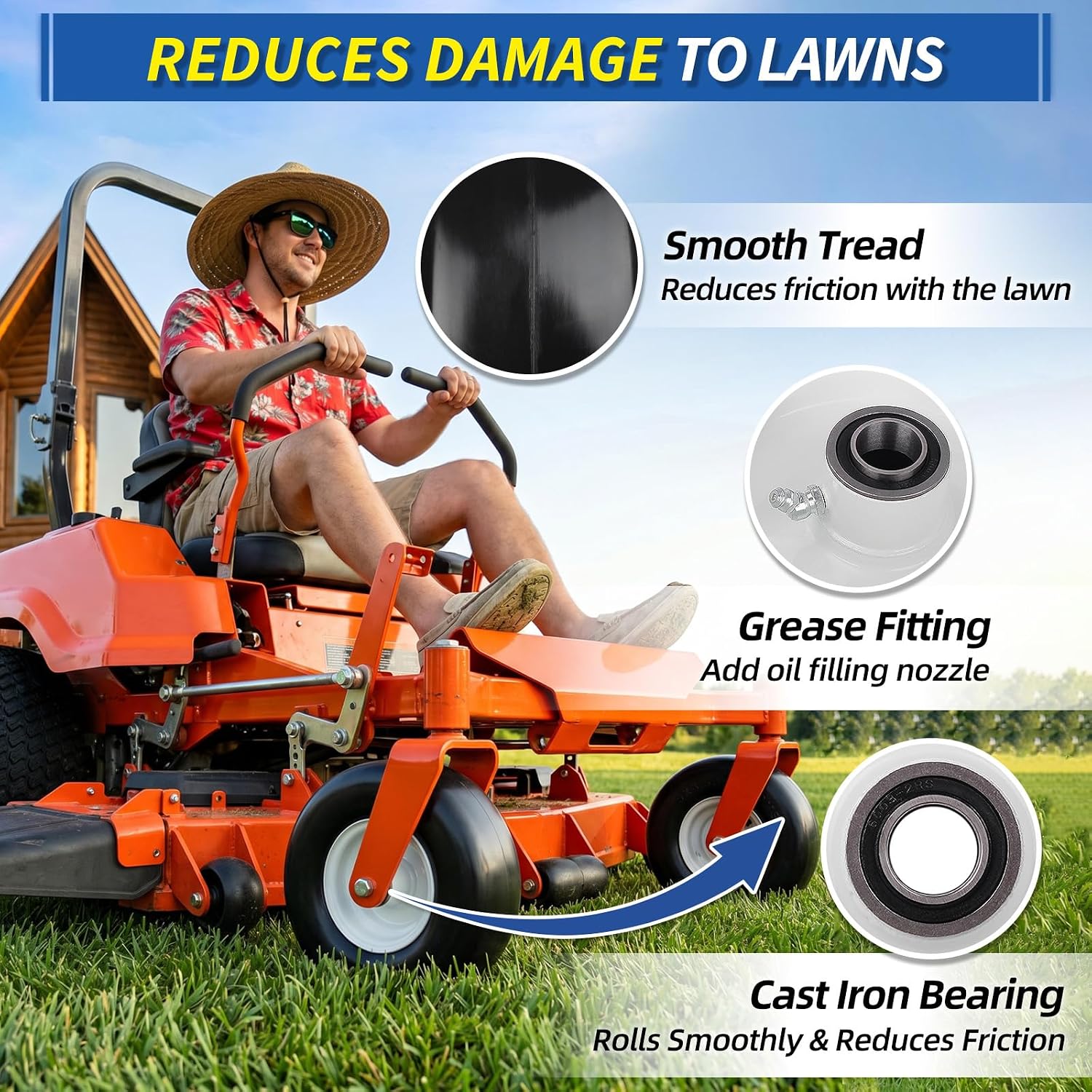 GICOOL 9x3.50-4 Zero Turn Mower Flat Free Tire and Wheel Assembly, Smooth Tread Front Tires for ZTR Mowers, 1/2'' & 3/4" & 5/8" Bearing Bore, Adjustable Centered Hub Length 3.5"-4"-4.5"-5", 2-Pack