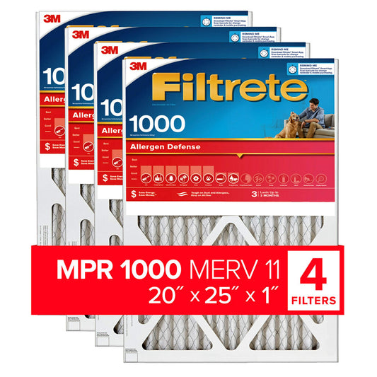 Filtrete 20x25x1 AC Furnace Air Filter, MERV 11, MPR 1000, Micro Allergen Defense, 3-Month Pleated 1-Inch Electrostatic Air Cleaning Filter, 4 Pack (Actual Size 19.69 x 24.69 x 0.81 in)