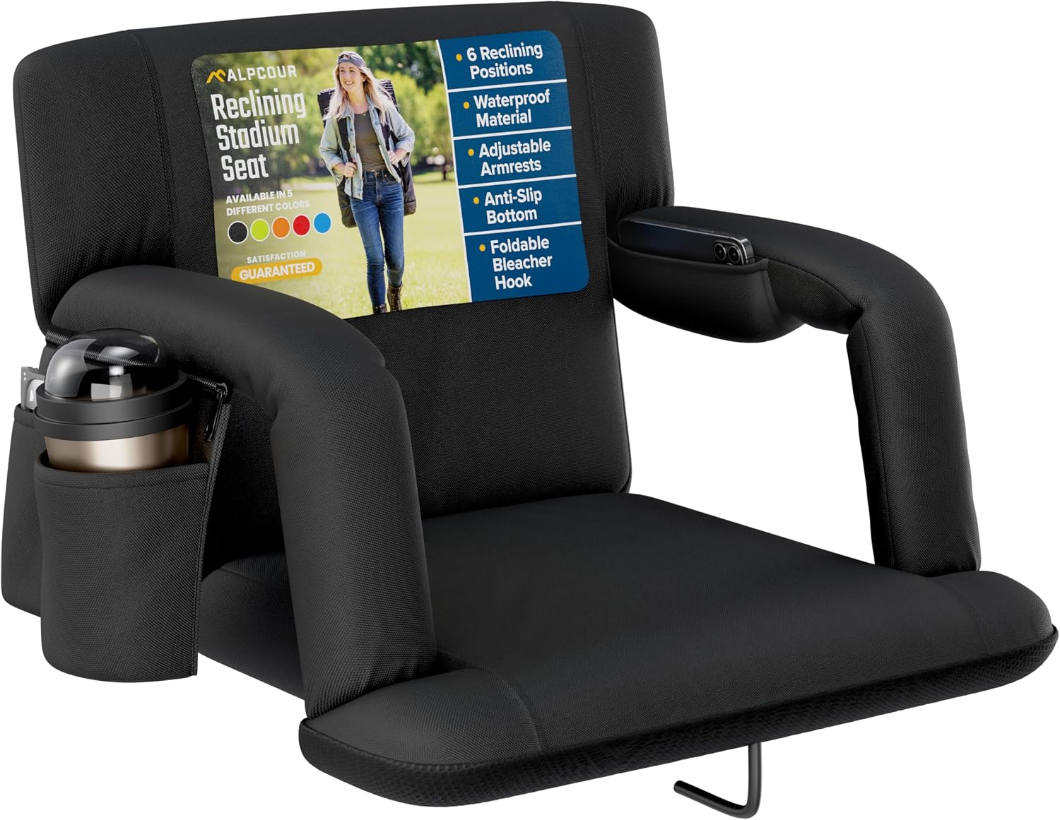 Alpcour Stadium Seats with Back Support for Bleachers – Wide Bleacher Chairs with Thick Padded Cushion, Armrests, Side Pockets, & Shoulder Straps – Best Portable Seat Chair for Sports Events