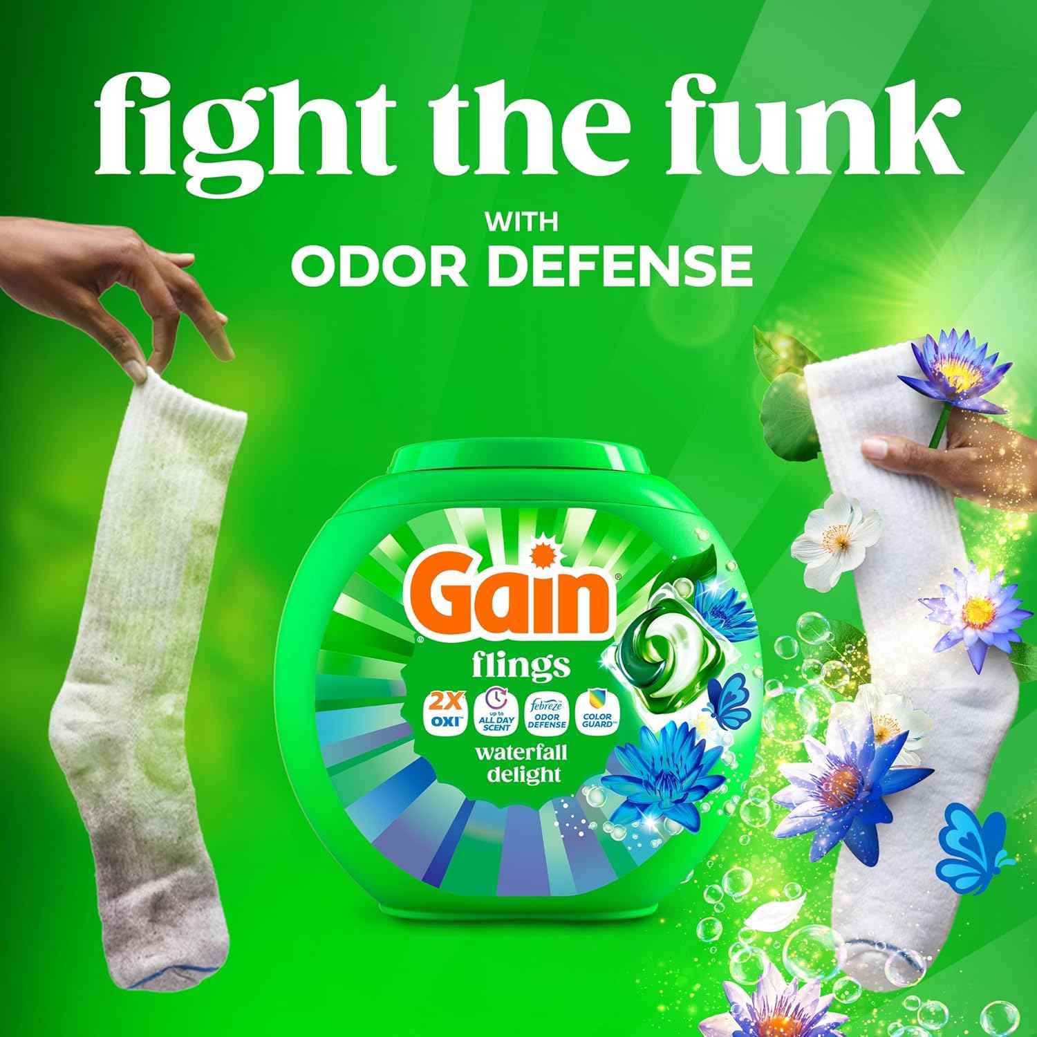 Gain Flings Liquid Washing Detergent Pacs, Now with Odor Defense + Color Guard, Waterfall Delight Scent, 4-In-1 Liquid Laundry Detergent Pods, Clean & Fresh, 112 Count (Packaging May Vary)