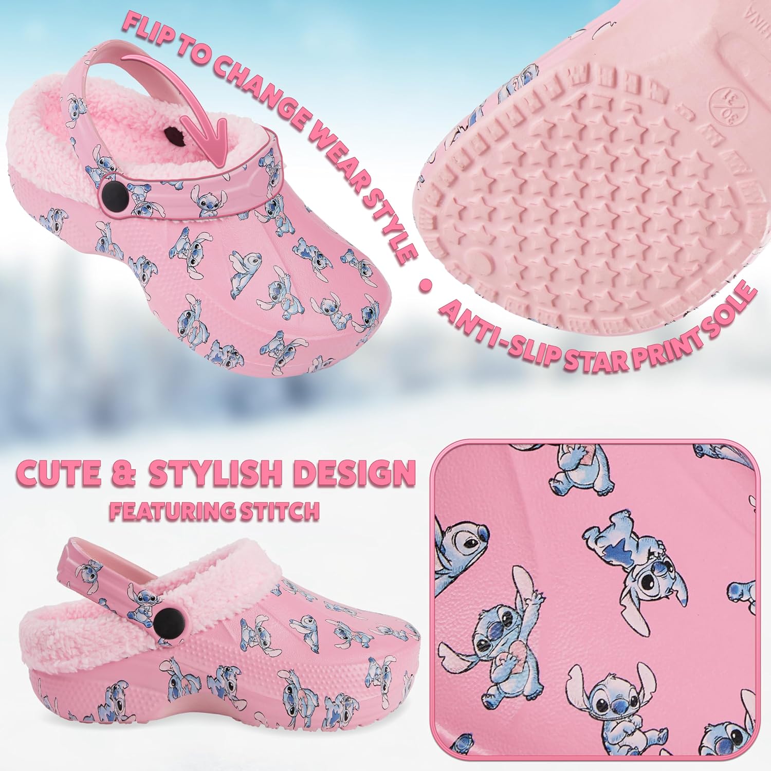 Disney Stitch Clogs for Girls with Fleece Lining, Slip On Shoes, Cozy Indoor, Outdoor Winter Clogs, Cute Gifts for Girls