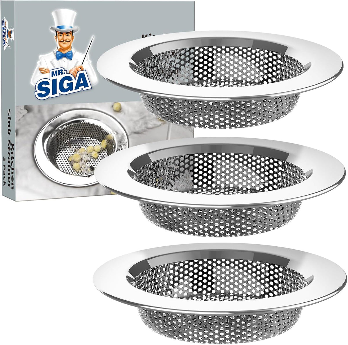 MR.SIGA Kitchen Sink Strainer, Stainless Steel Sink Drain Strainer, 3 Pack