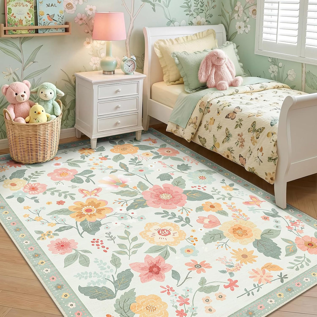 RELEANY Floral Washable 5x7 Area Rugs Beige/Green
