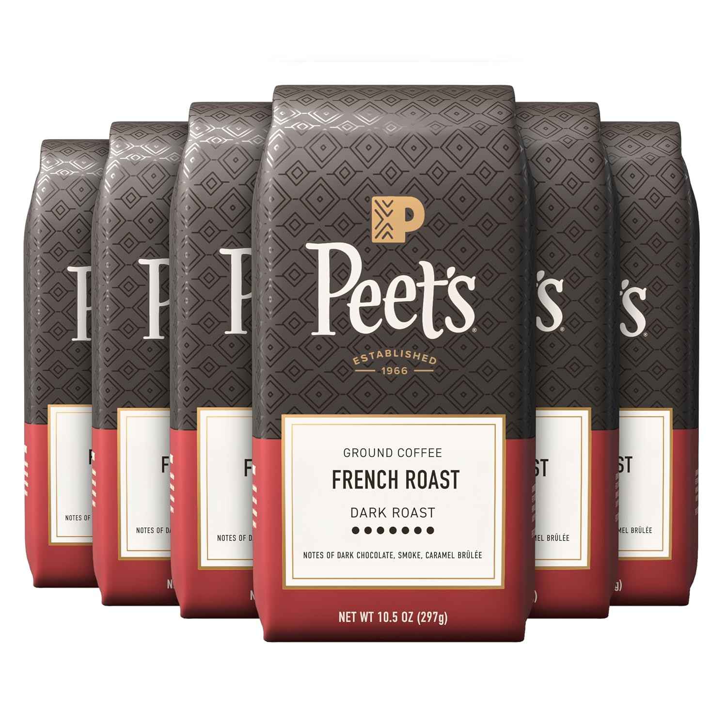 Peet's Coffee, Dark Roast Ground Coffee, 100% Arabica Coffee - French Roast 63 Ounces (6 Bags of 10.5 Ounces)