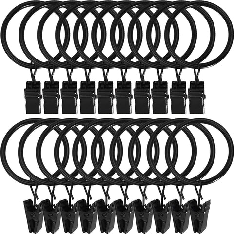 LLPJS Curtain Rings with Clips, 1.5 inch ID, 20 Pack, Black