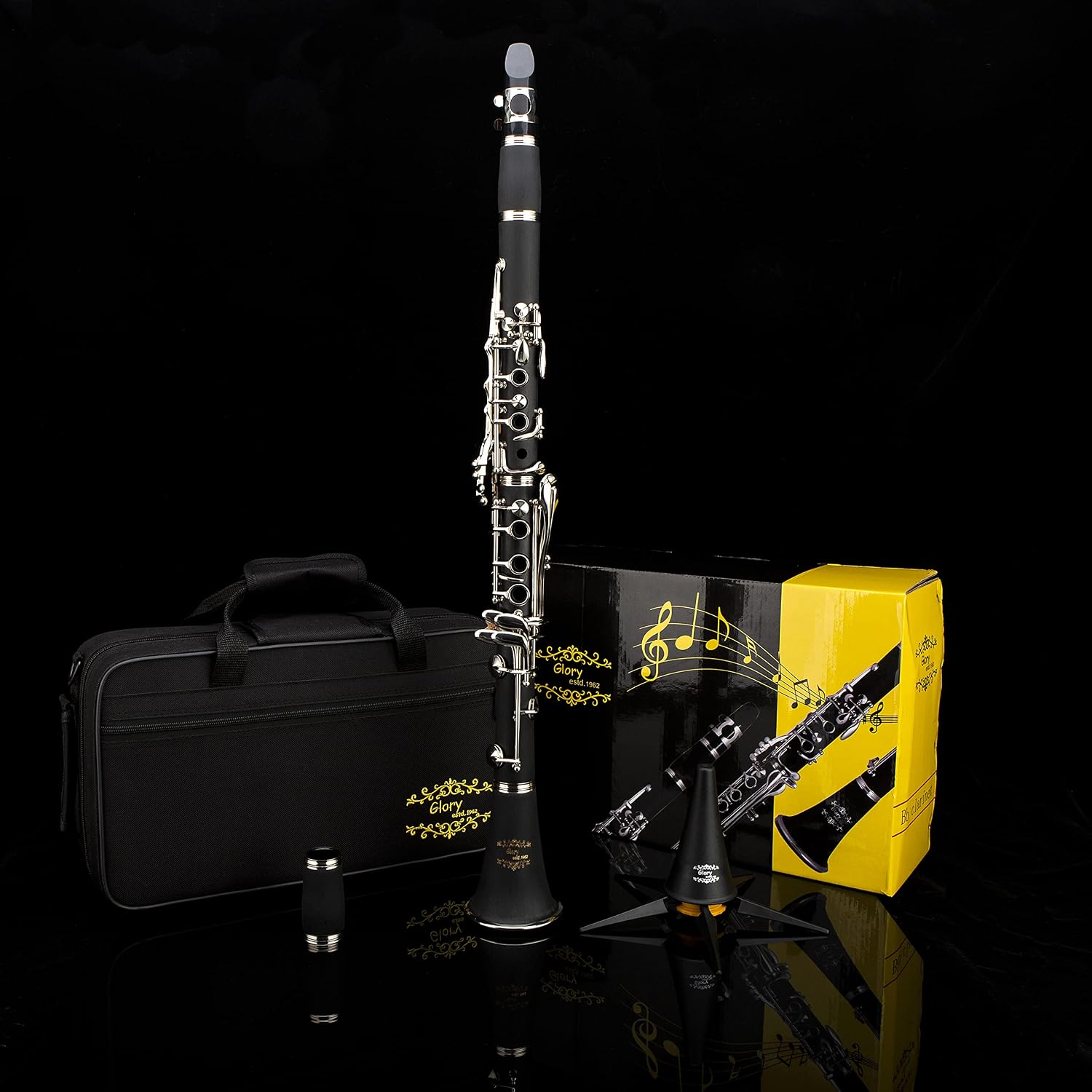 Glory GLY-PBK Professional Ebonite Bb Clarinet with 10 Reeds, Stand, Hard Case, Cleaning Cloth, Cork grease, Mouthpiece Brush and Pad Brush, Black