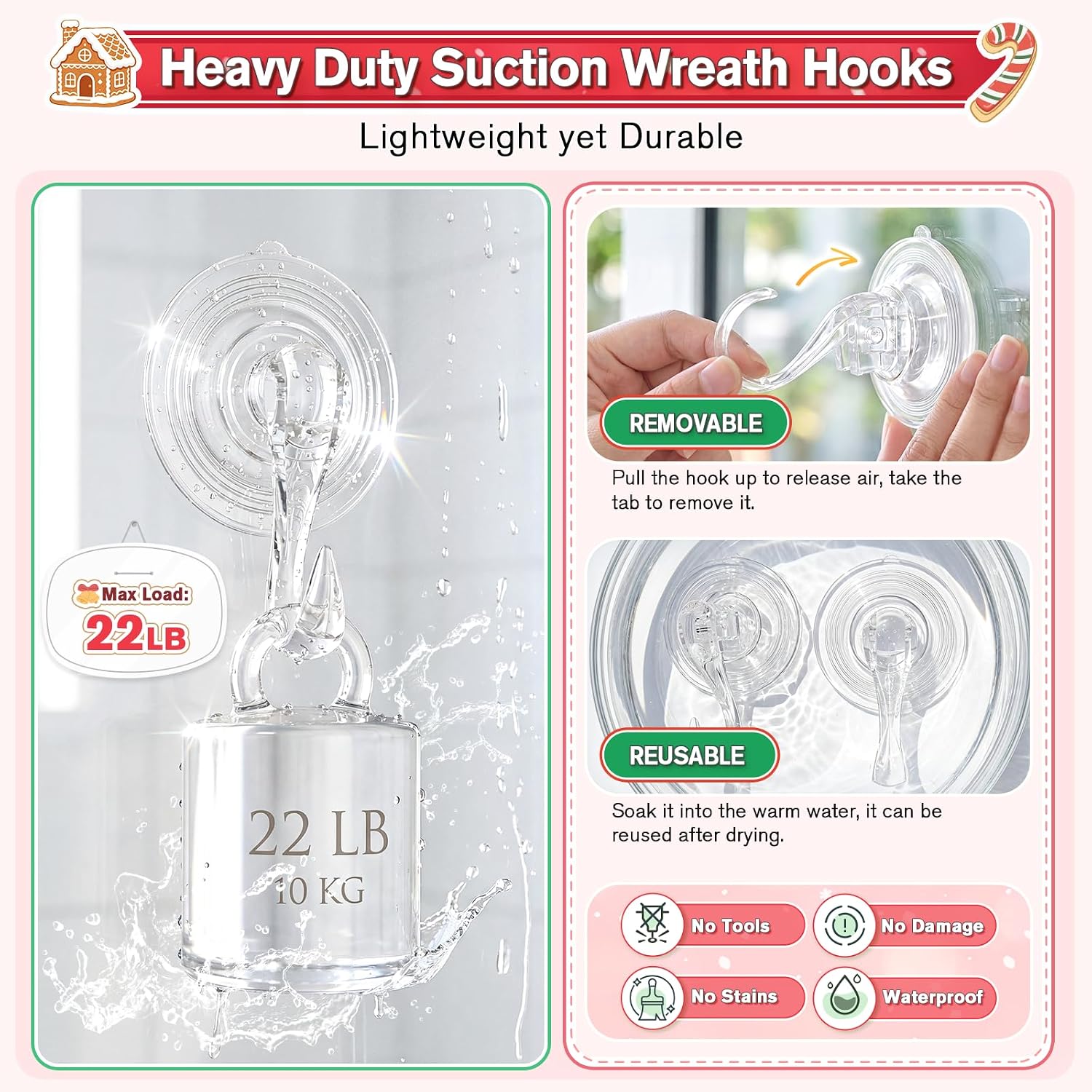VIS'V Suction Wreath Hanger with Wipes, 22 Lb Capacity, Large, Clear, 4 Pcs