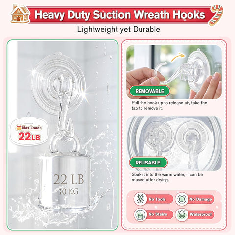 VIS'V Suction Wreath Hanger with Wipes, 22 Lb Capacity, Large, Clear, 4 Pcs