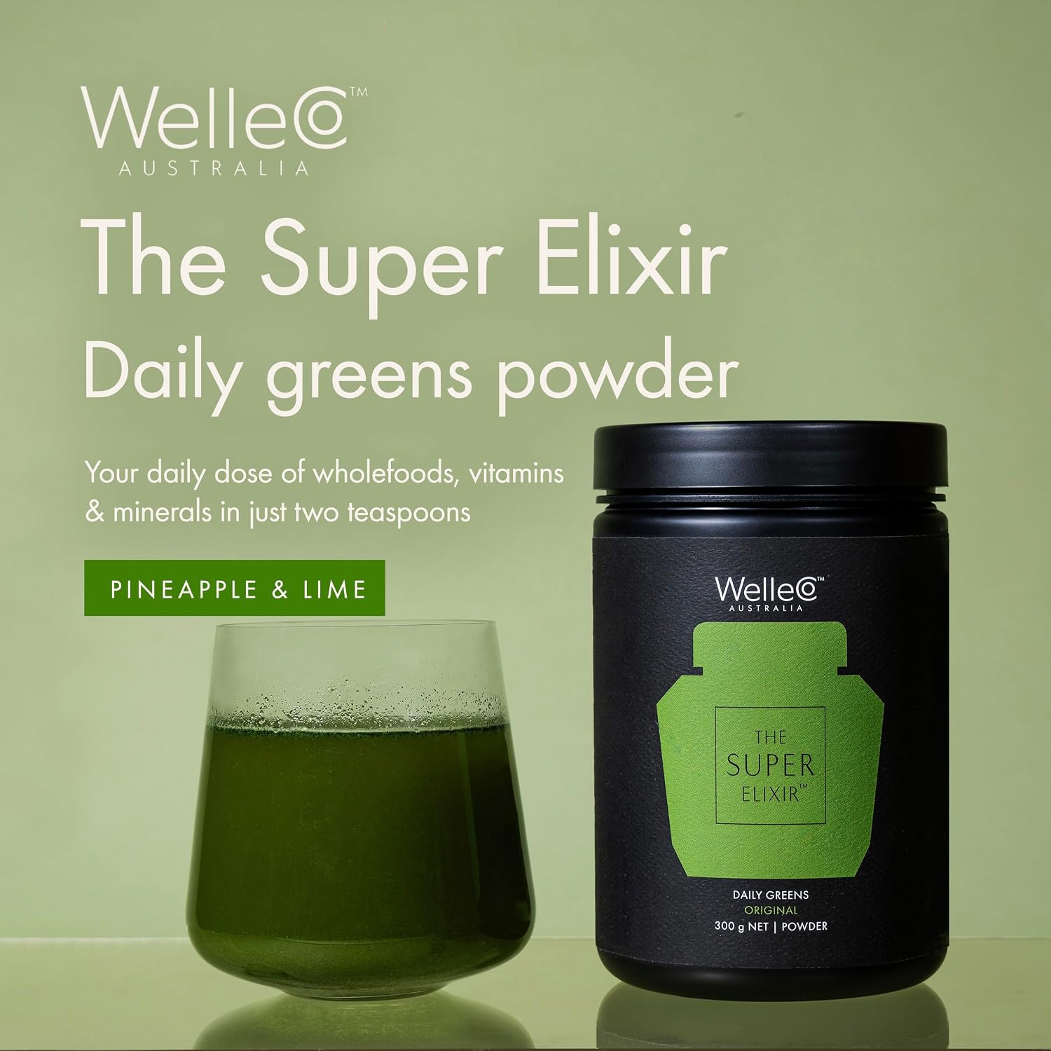 WelleCo The Super Elixir Daily Greens Powder, (300g, Pineapple & Lime)