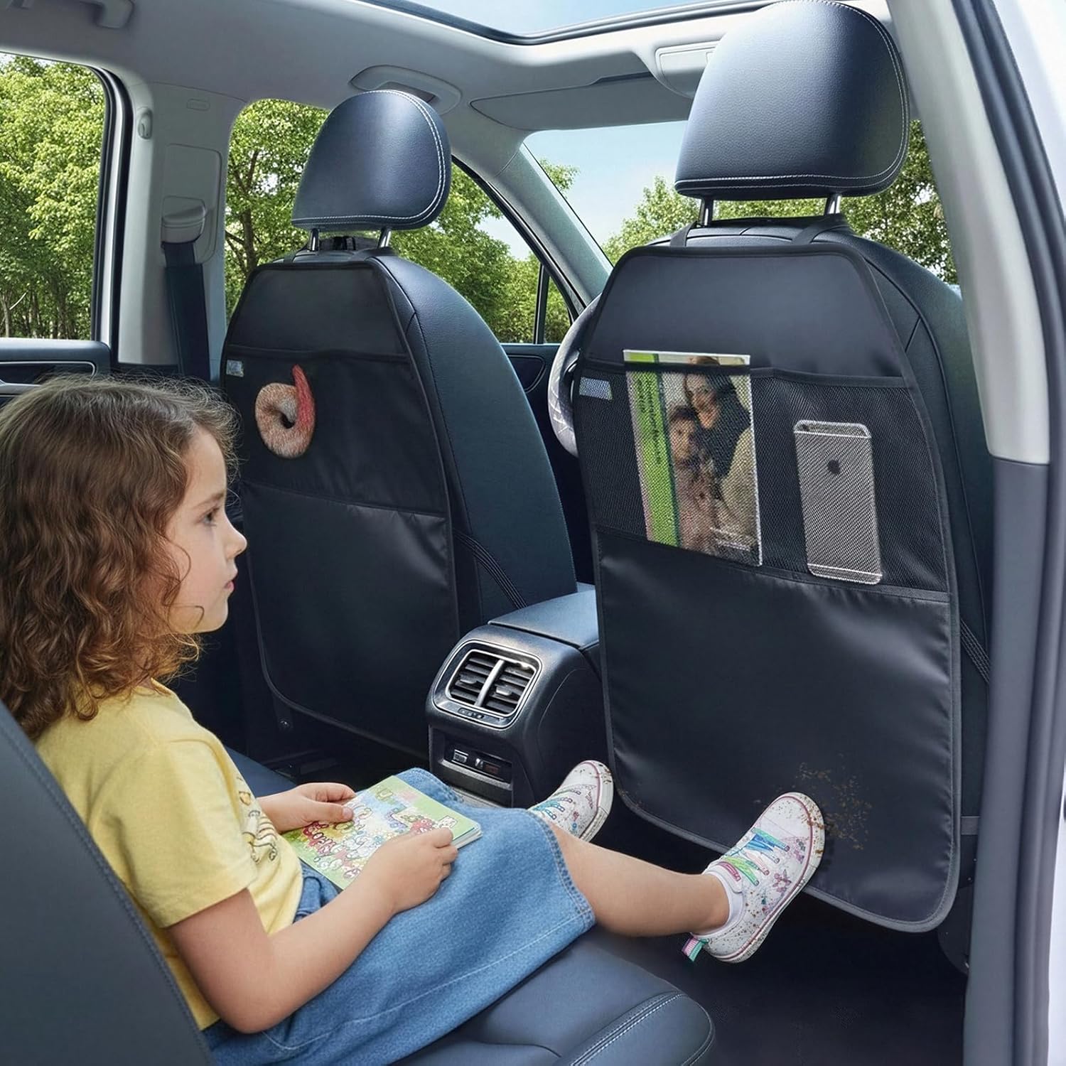 Viaviat Car Seat Protector Large Kick Mat 2 Pack Durable Water Resistant Auto Seat Back Covers with 2 Mesh Pockets Protection Against Dust Mud Scratches (Black, 2-Pack)