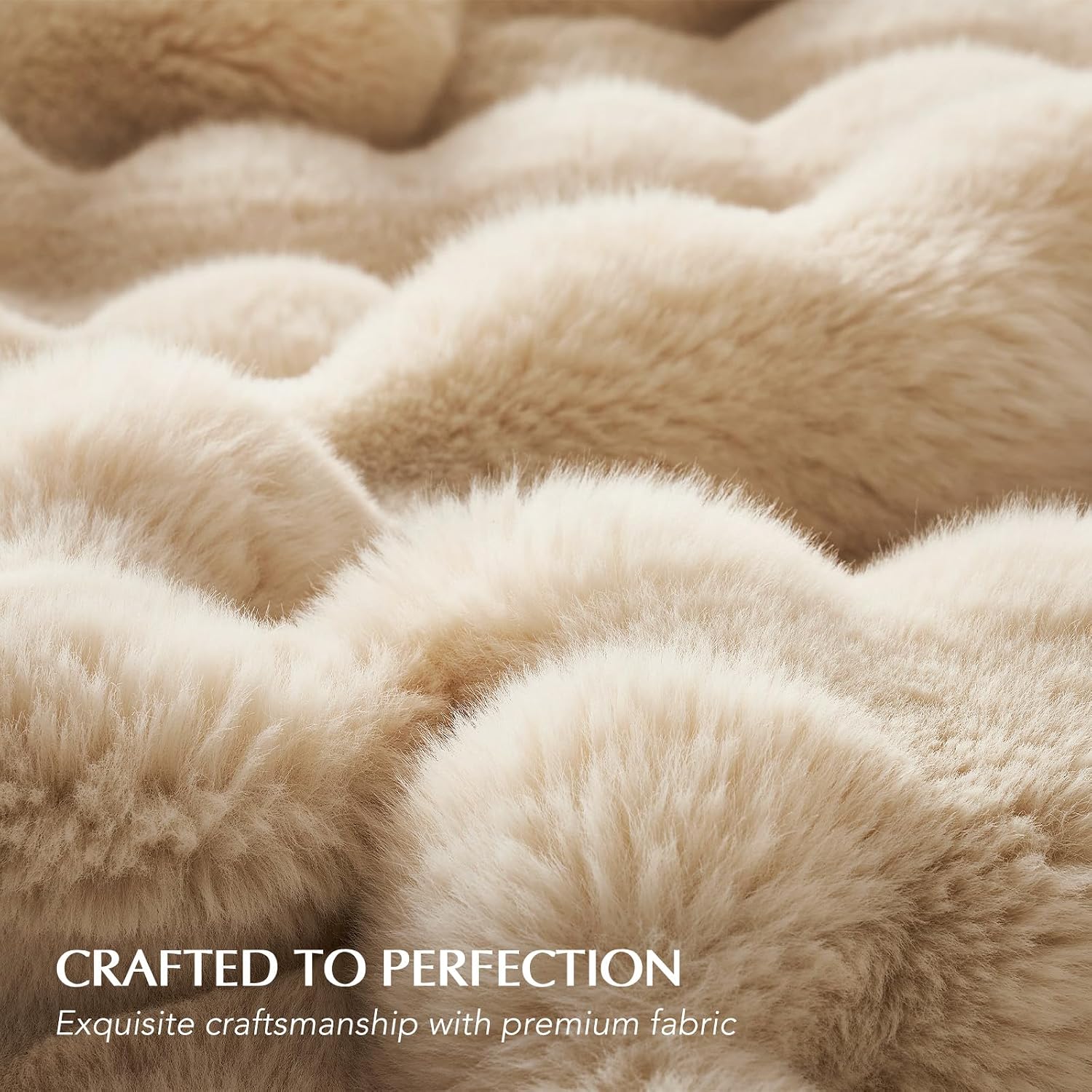 EverGrace Faux Rabbit Fur Bubble Throw Blanket, 60"x80", Cream