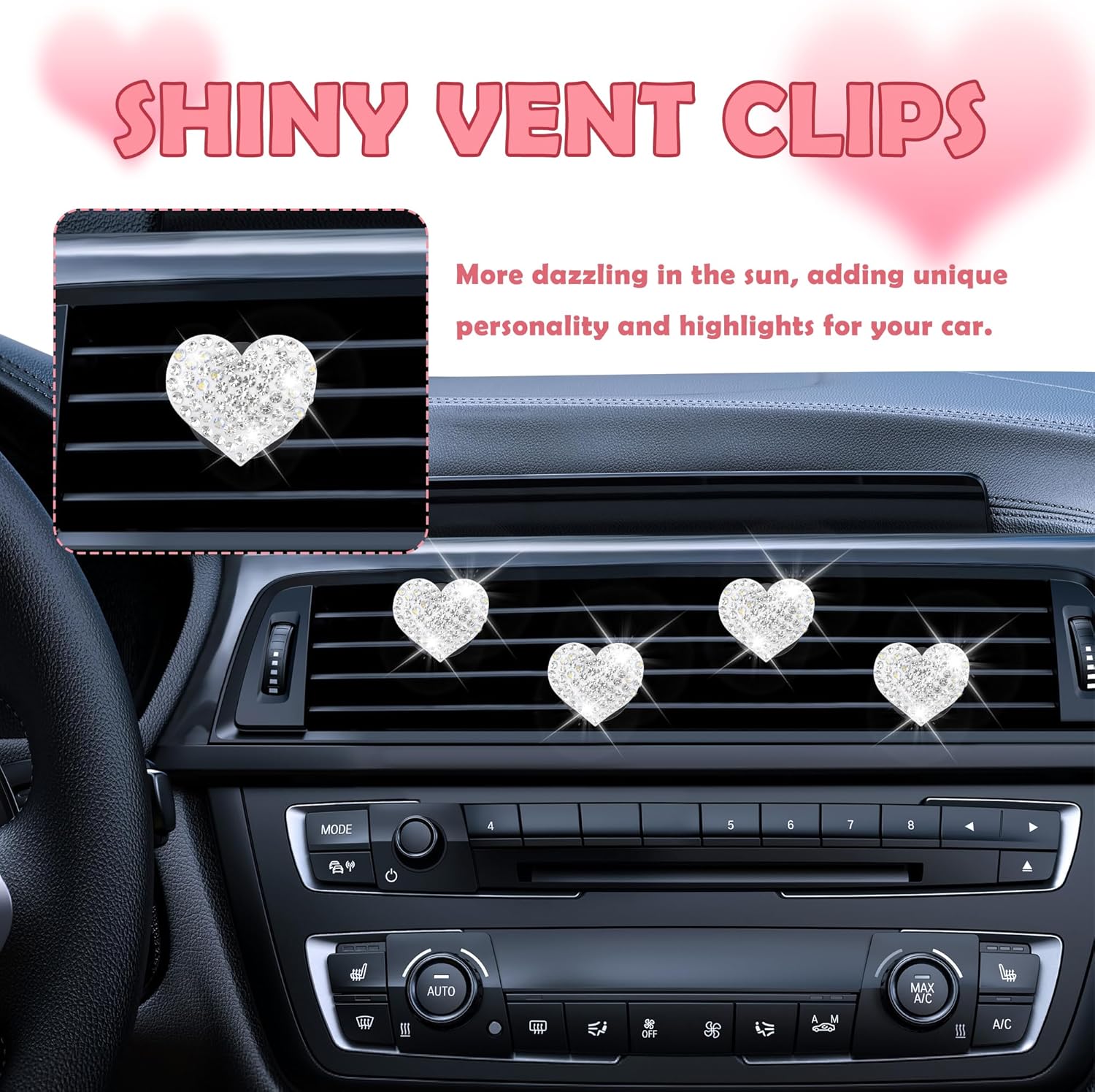 4PCS Heart-Shaped Car Vent Clips with Rhinestone,Bling Air Vent Clips Car Decorations,Premium Shiny Car Clips for Vents CCar Accessories Interior for Cars,Trucks,SUVs (White)