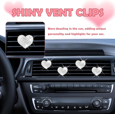 4PCS Heart-Shaped Car Vent Clips with Rhinestone,Bling Air Vent Clips Car Decorations,Premium Shiny Car Clips for Vents CCar Accessories Interior for Cars,Trucks,SUVs (White)