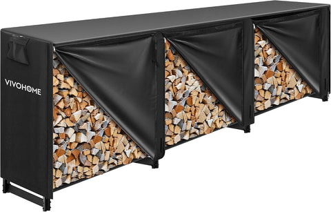 VIVOHOME 12 ft Heavy Duty Firewood Rack Outdoor with Cover, Black