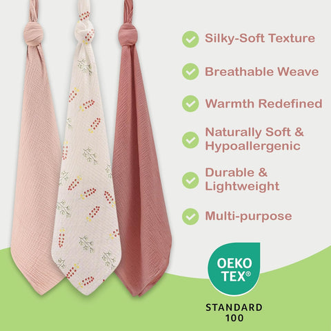 100% Organic Cotton 3 PK Baby Muslin Blanket Girl Gift 38x40 Inch