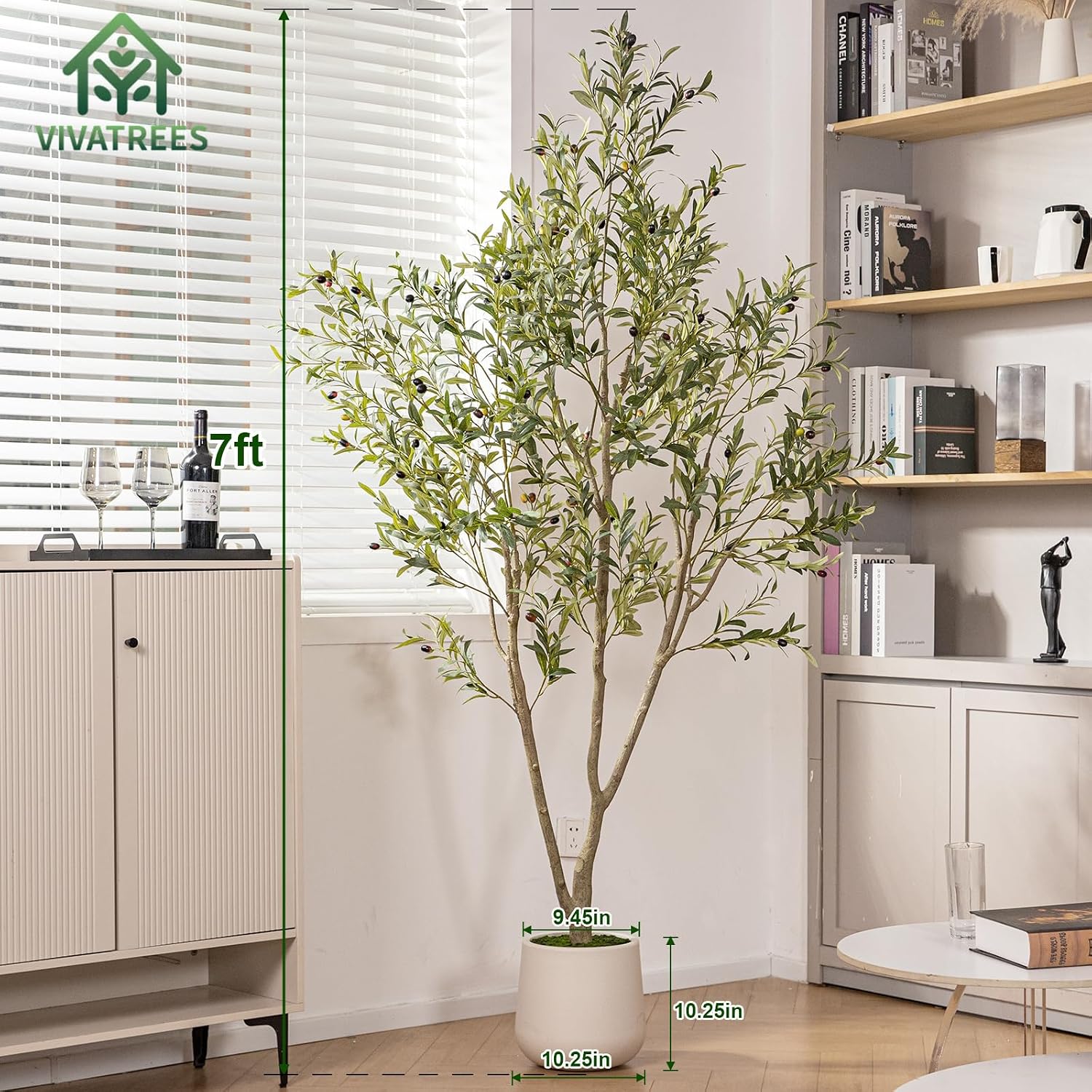 VIVATREES Olive Trees Artificial Indoor, 7FT Tall Faux Olive Tree with White Tall Planter, Artificial Plants with Natural Wood Trunk and Lifelike Fruits for Home Office Decor