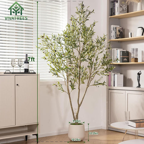 VIVATREES Olive Trees Artificial Indoor, 7FT Tall Faux Olive Tree with White Tall Planter, Artificial Plants with Natural Wood Trunk and Lifelike Fruits for Home Office Decor