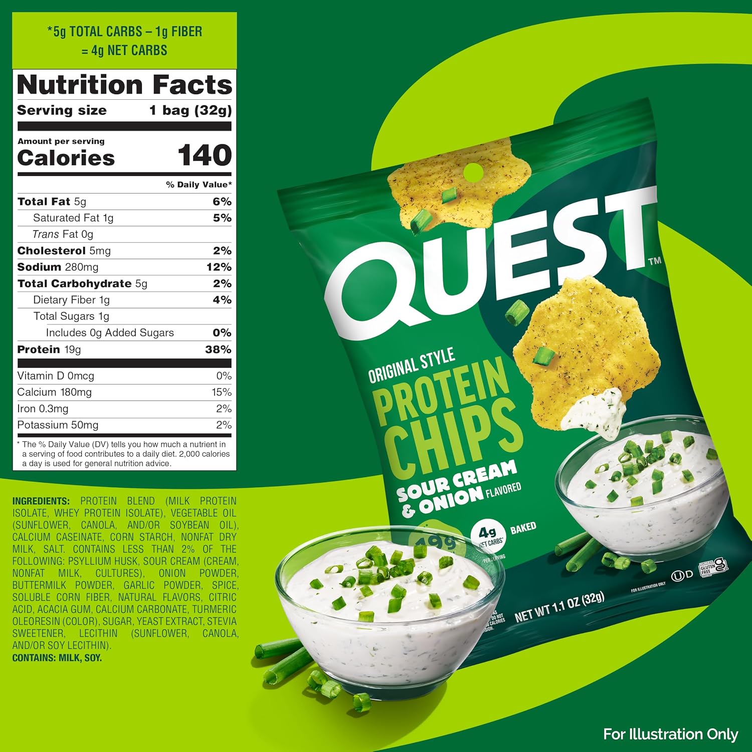 Quest Nutrition Sour Cream & Onion Protein Chips, 19g Protein, 4 Count