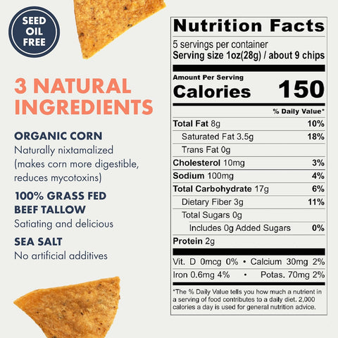 MASA Chips Yellow Corn Tortilla Chips Cooked in Pure Beef Tallow- 6pk x 5oz