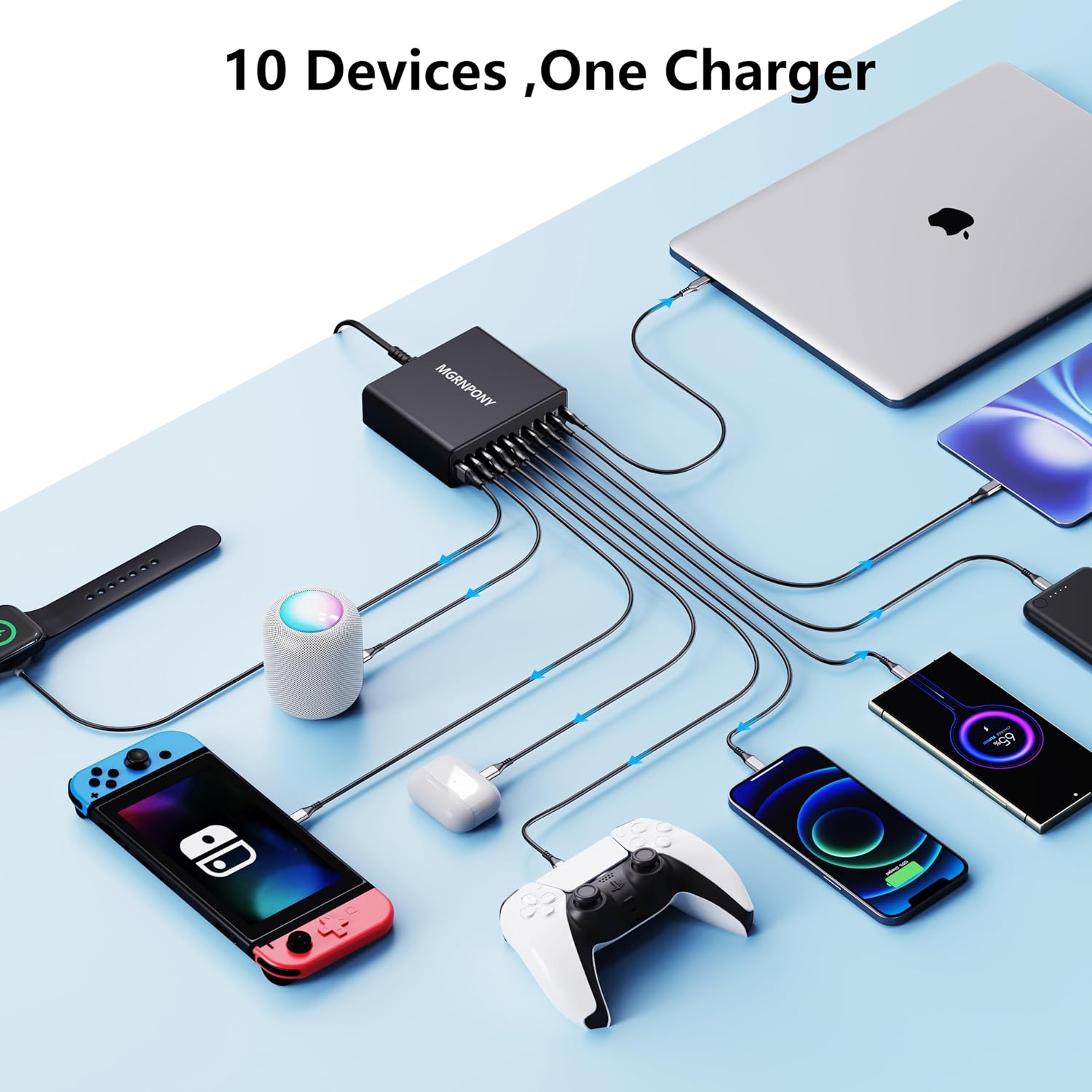320W USB C Charger Block, MGRNPONY 10-Port GaN USB C Charging Station Black