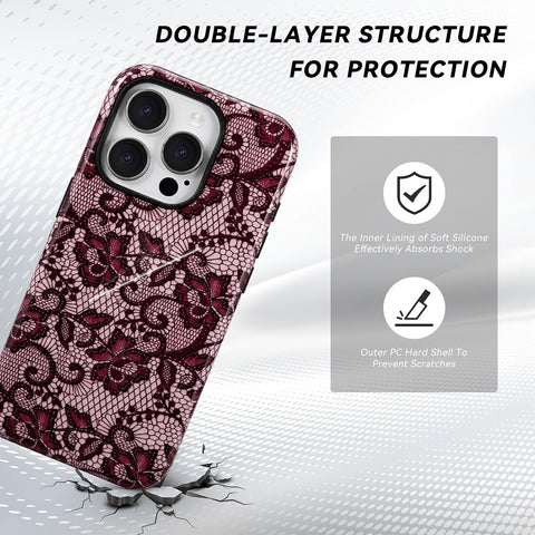 for iPhone 15 Pro Case - Wireless Charging for MagSafe, Dual-Layer Design (Hard PC Shell, Soft TPU Lining), Shockproof Protective Case for Women - Red & Gold Lace Print