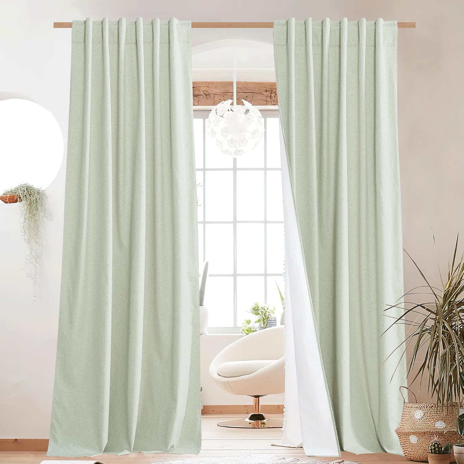 NICETOWN Light Green 100% Blackout Linen Curtains 95" Long 2 Panels