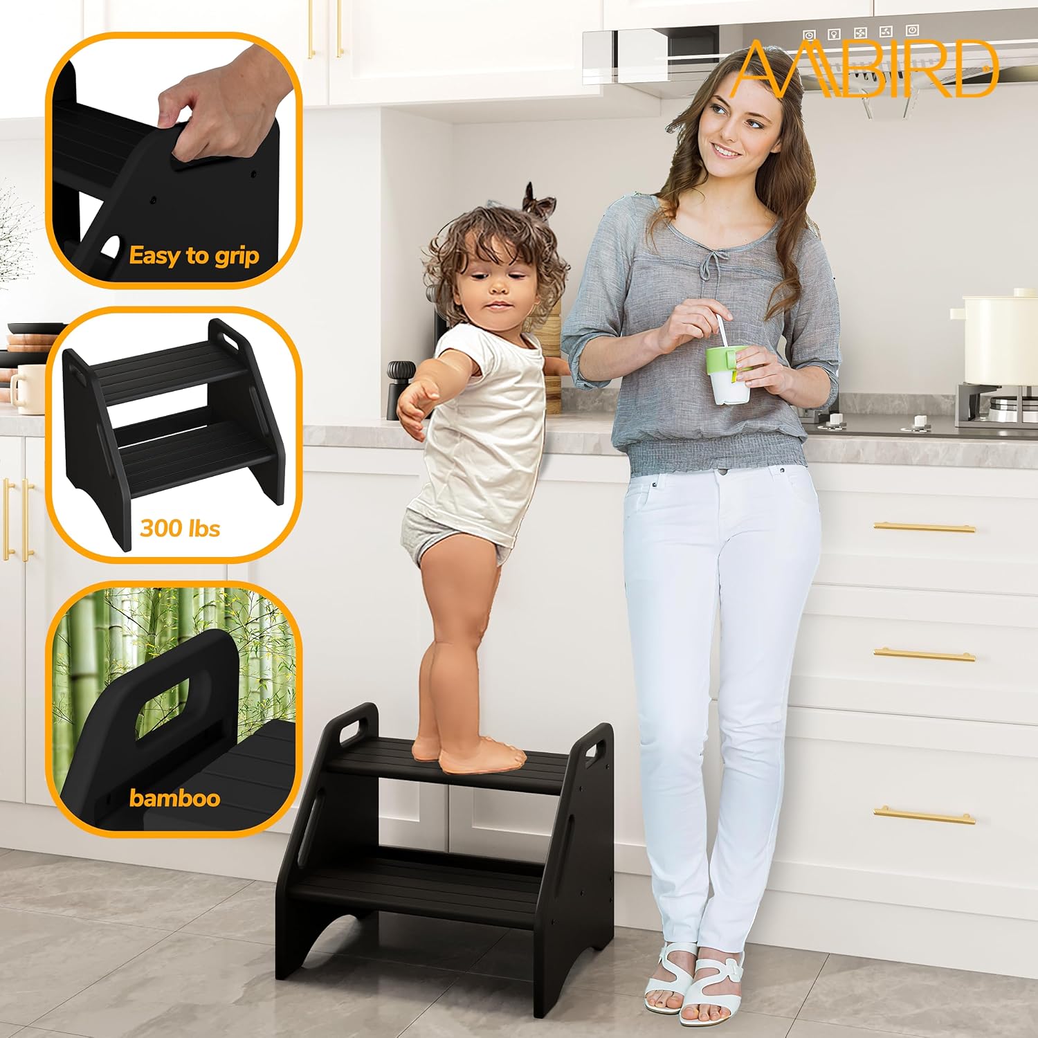 AMBIRD Wooden Step Stool - Two-Step 300 lbs Capacity With Safety Non-Slip Pads and Handles, Bamboo for Bathroom, Kitchen, Dual Height for Adults (Black)