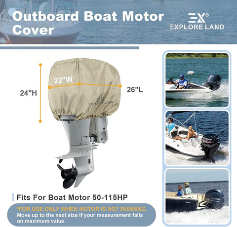 Explore Land Waterproof 600D Outboard Motor Cover 50-115 HP, Tan