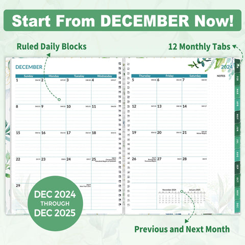 SUNEE 2025 Weekly and Monthly Planner - from January 2025 - December 2025, 8.5"x11" Daily Agenda Planner with Monthly Tab, Flexible Cover, Note Pages, Pockets, Bookmark, Spiral Binding, Eucalyptus