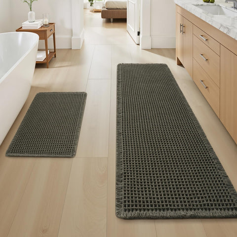 Upgraded Waffle Bath Mat Set of 2 Absorbent Bathroom Mat 17"x24" + 17"x48"