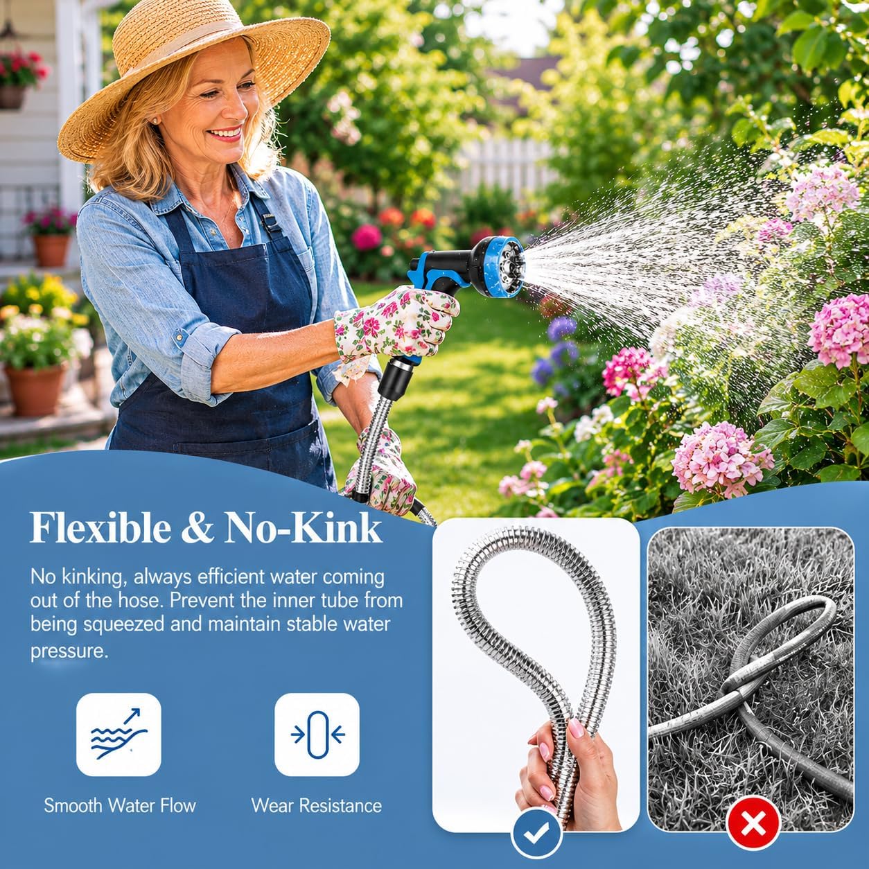Garden Hose 100ft, Metal Water Hose, Kink-Free, Flexible Stainless Steel Hose, Heavy Duty Abrasion Resistant Leakproof Hose with 10-Function Spray Nozzle for Yard, Lawn, Outdoor, Marine and Camper