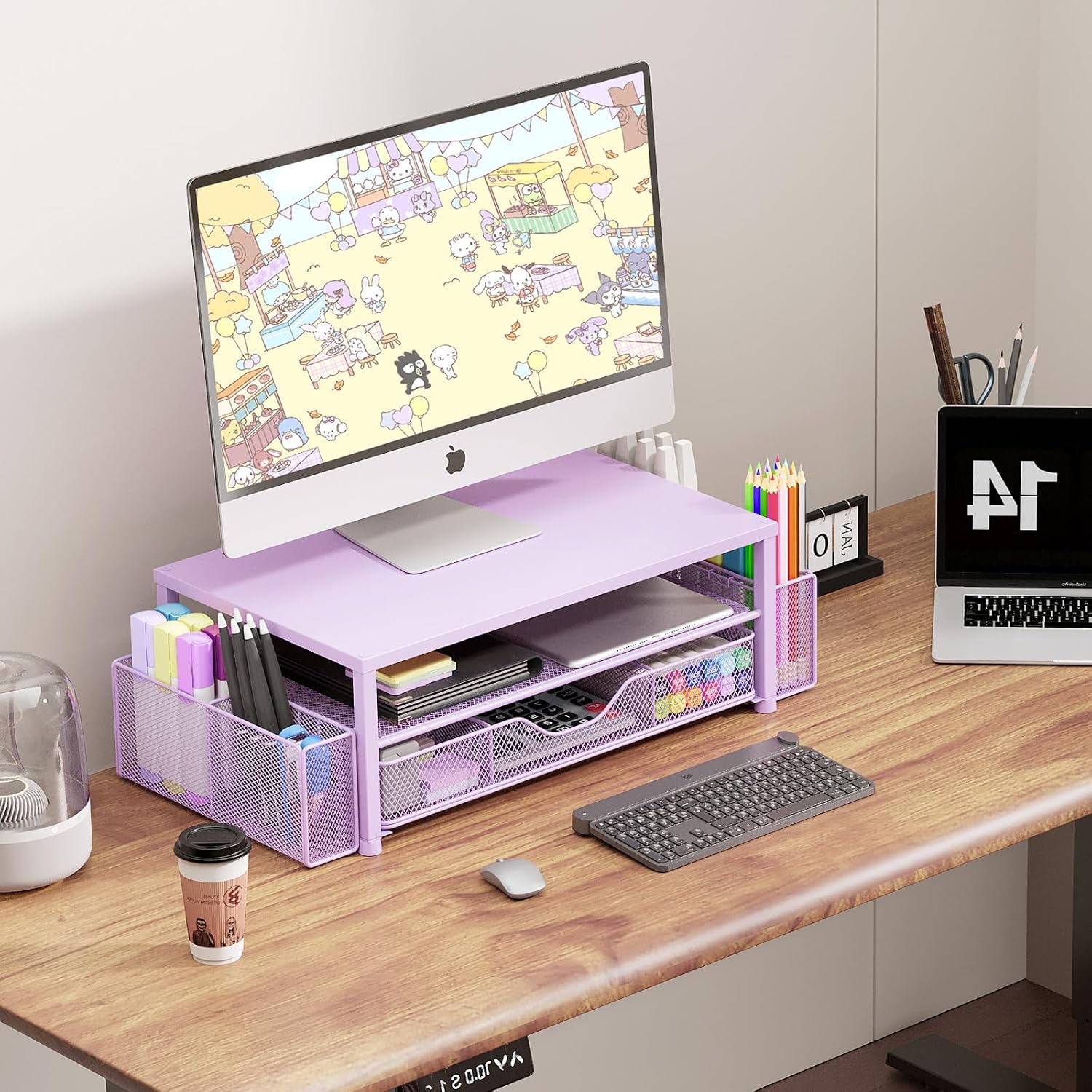 OPNICE Desk Organizer and Accessories, 2-Tier Computer Monitor Stand Riser with Drawer and 2 Pen Holders, Laptop Stand, Office Desk Accessories for Office Supplies, Purple