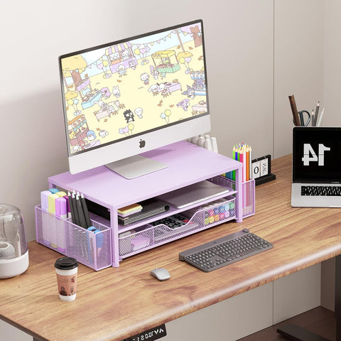 OPNICE Desk Organizer and Accessories, 2-Tier Computer Monitor Stand Riser with Drawer and 2 Pen Holders, Laptop Stand, Office Desk Accessories for Office Supplies, Purple