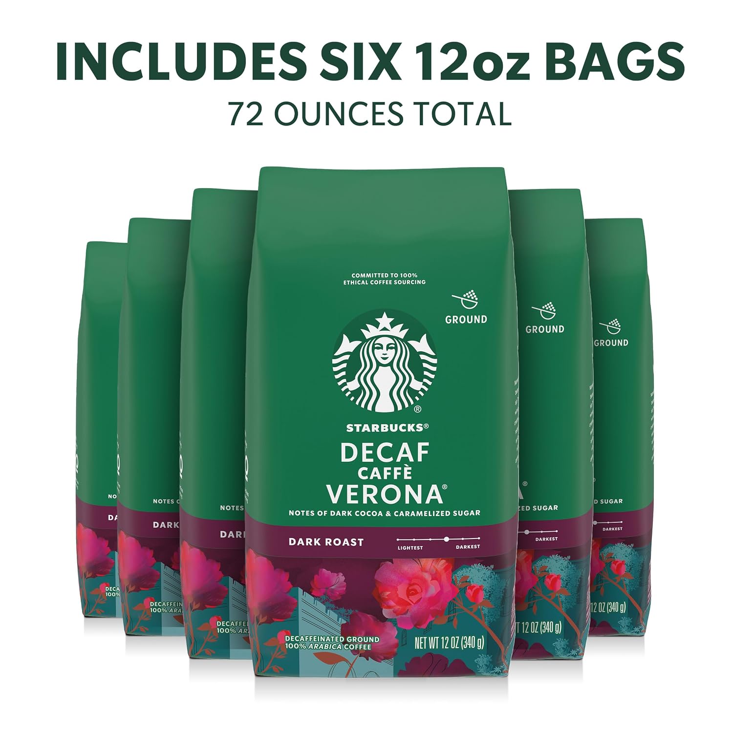 Starbucks Ground Coffee, Dark Roast Hot or Iced Coffee, Decaf Caffè Verona, Six 12 oz Bags​